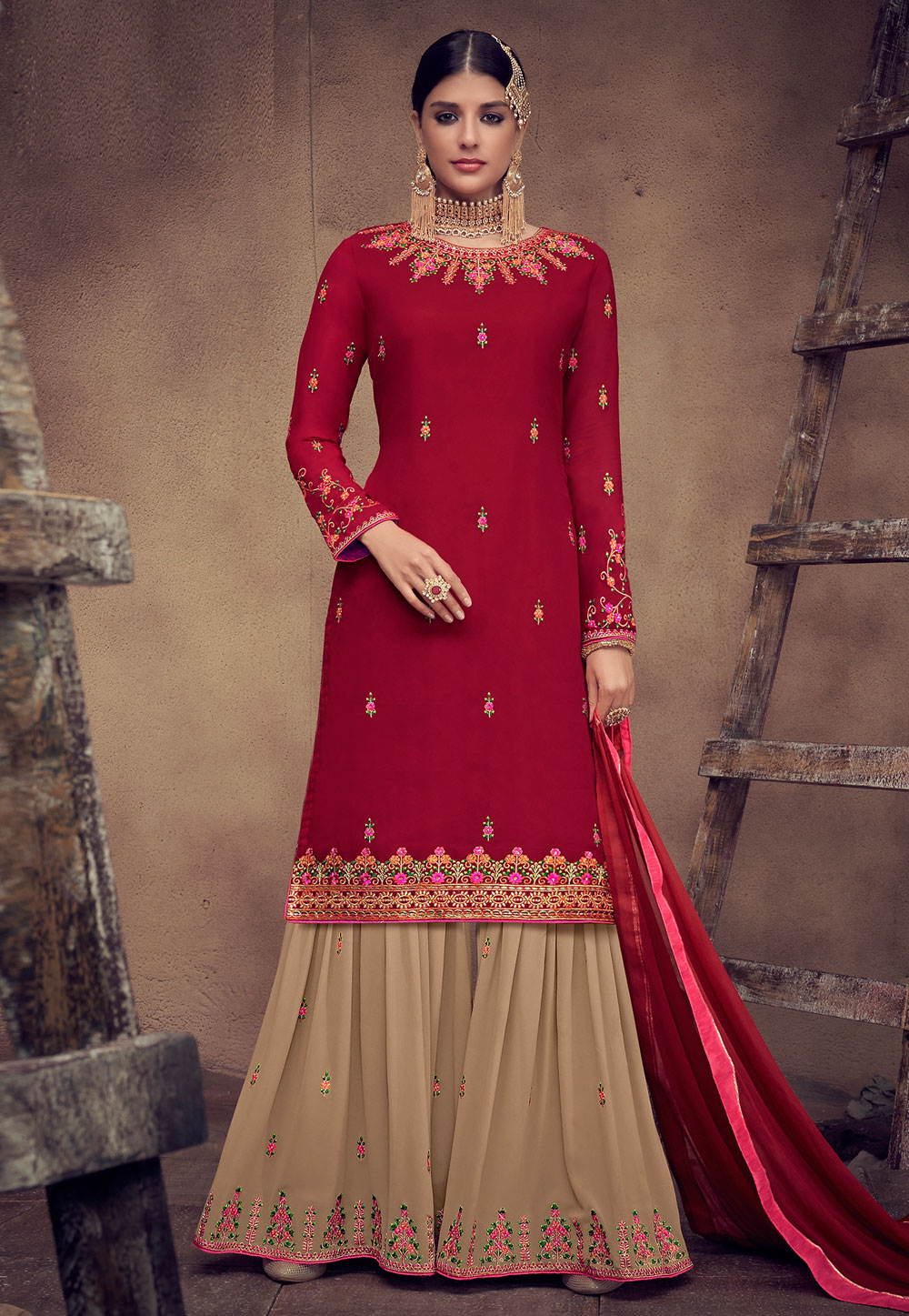 Maroon Georgette Embroidered Sharara Suit 182244