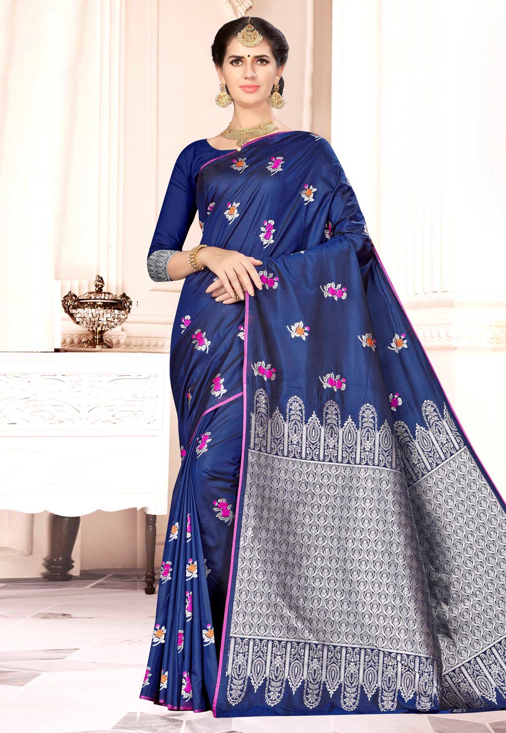 Navy Blue Banarasi Silk Saree With Blouse 220465