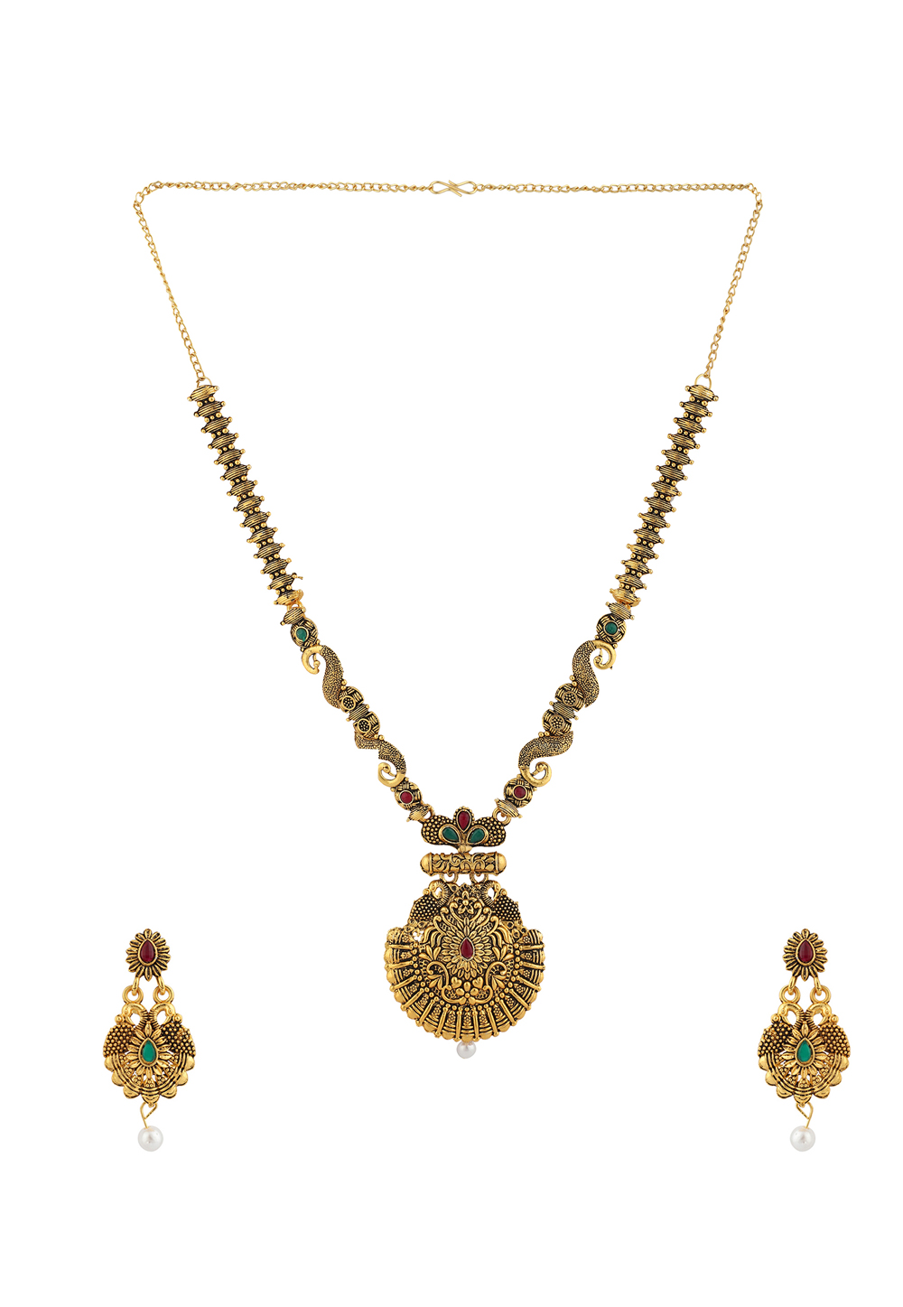 Golden Alloy Necklace Set With Earrings 224619