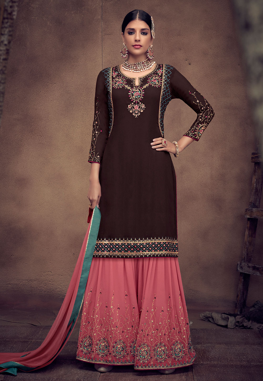 Brown Georgette Embroidered Sharara Suit 182245