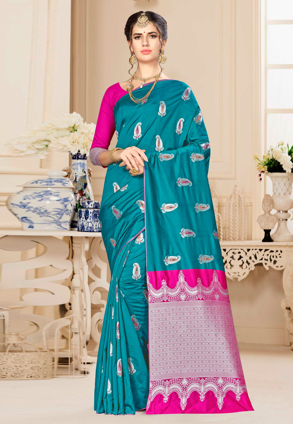 Turquoise Banarasi Silk Festival Wear Saree 220463