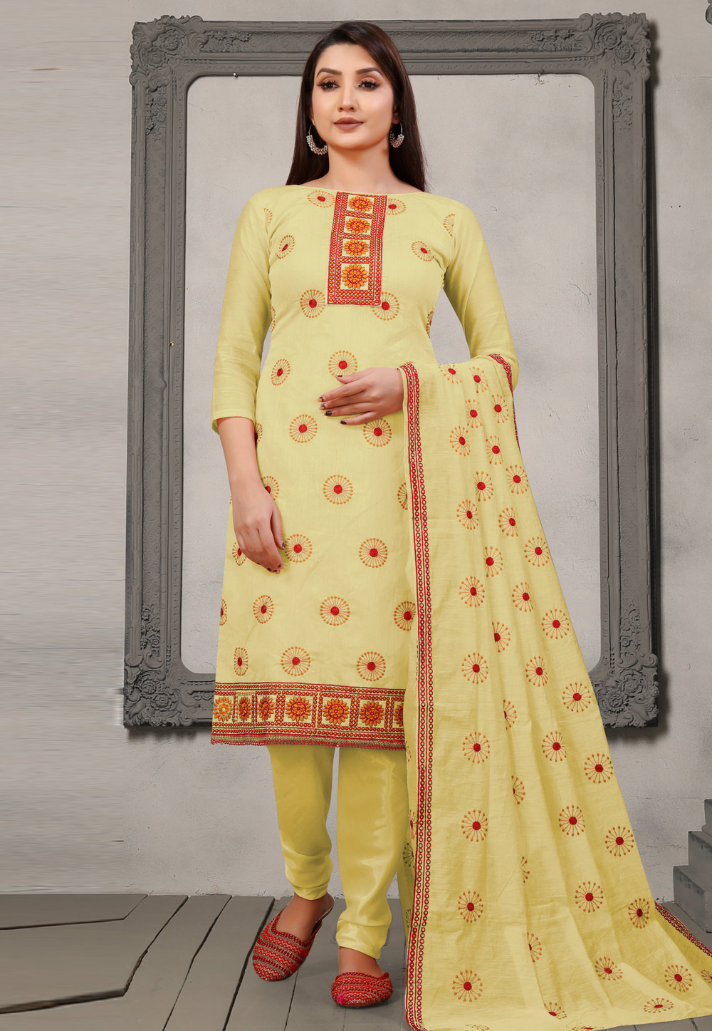 Yellow Chanderi Cotton Churidar Suit 259087