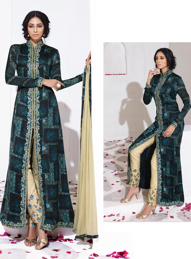 Blue Satin Georgette Pakistani Style Suit 78039