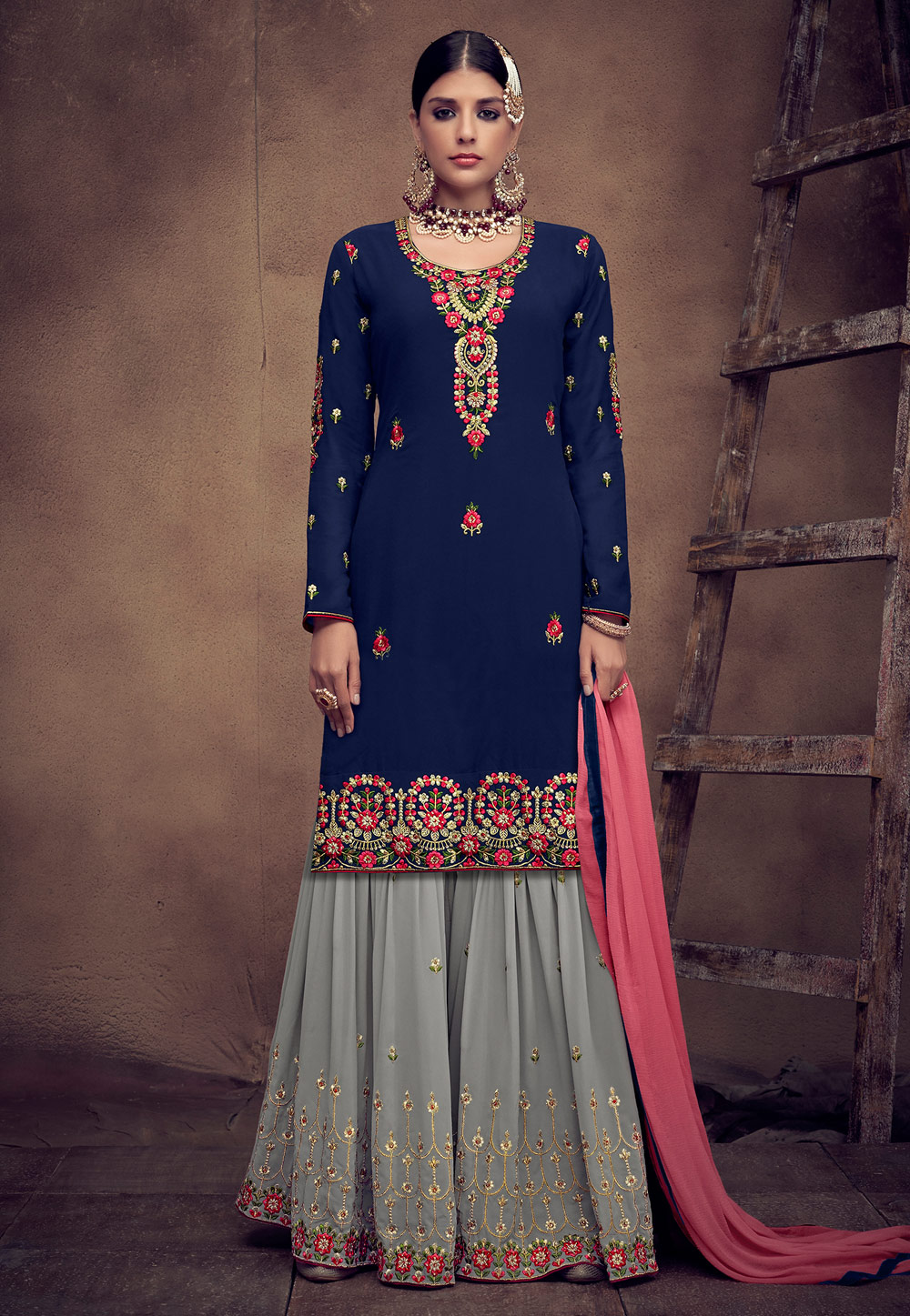 Navy Blue Georgette Embroidered Sharara Suit 182246