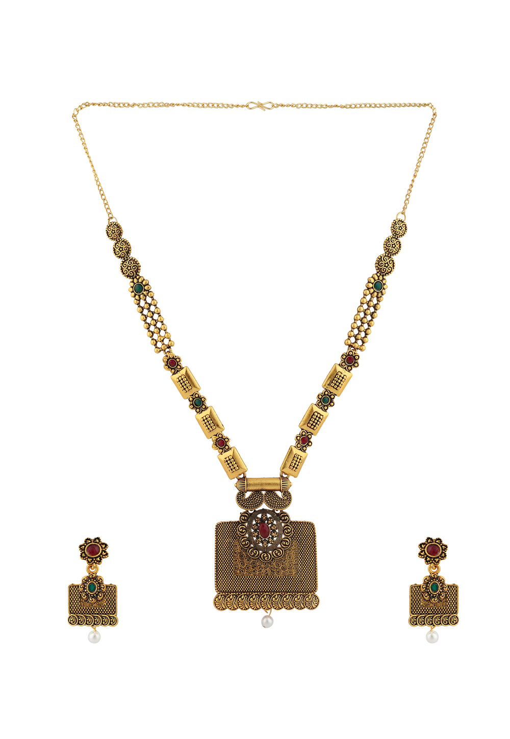 Golden Alloy Necklace Set With Earrings 224621
