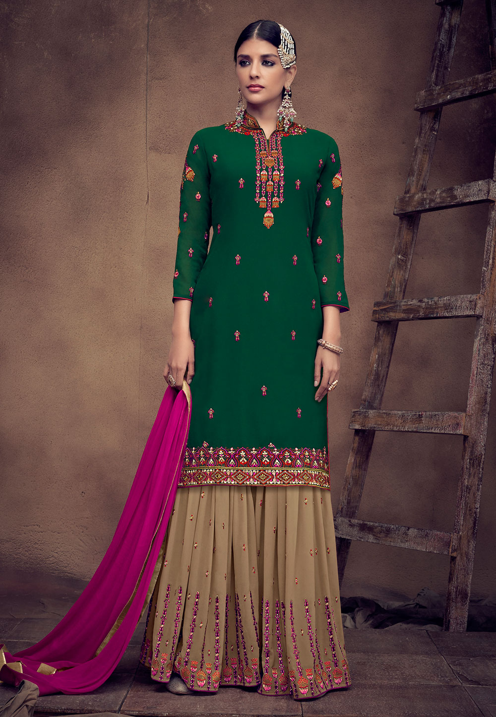 Green Georgette Embroidered Sharara Suit 182247