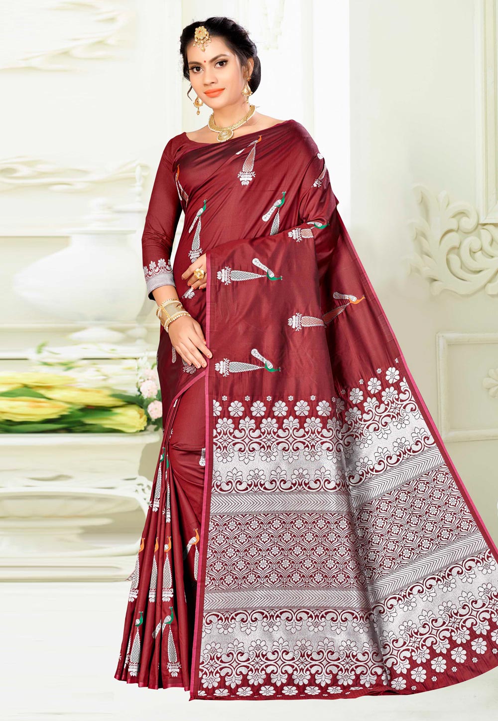 Maroon Banarasi Silk Saree With Blouse 220474