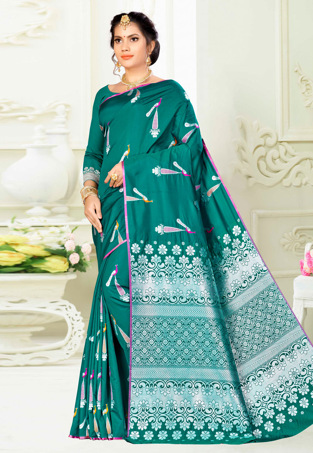 Teal Banarasi Silk Festival Wear Saree 220477