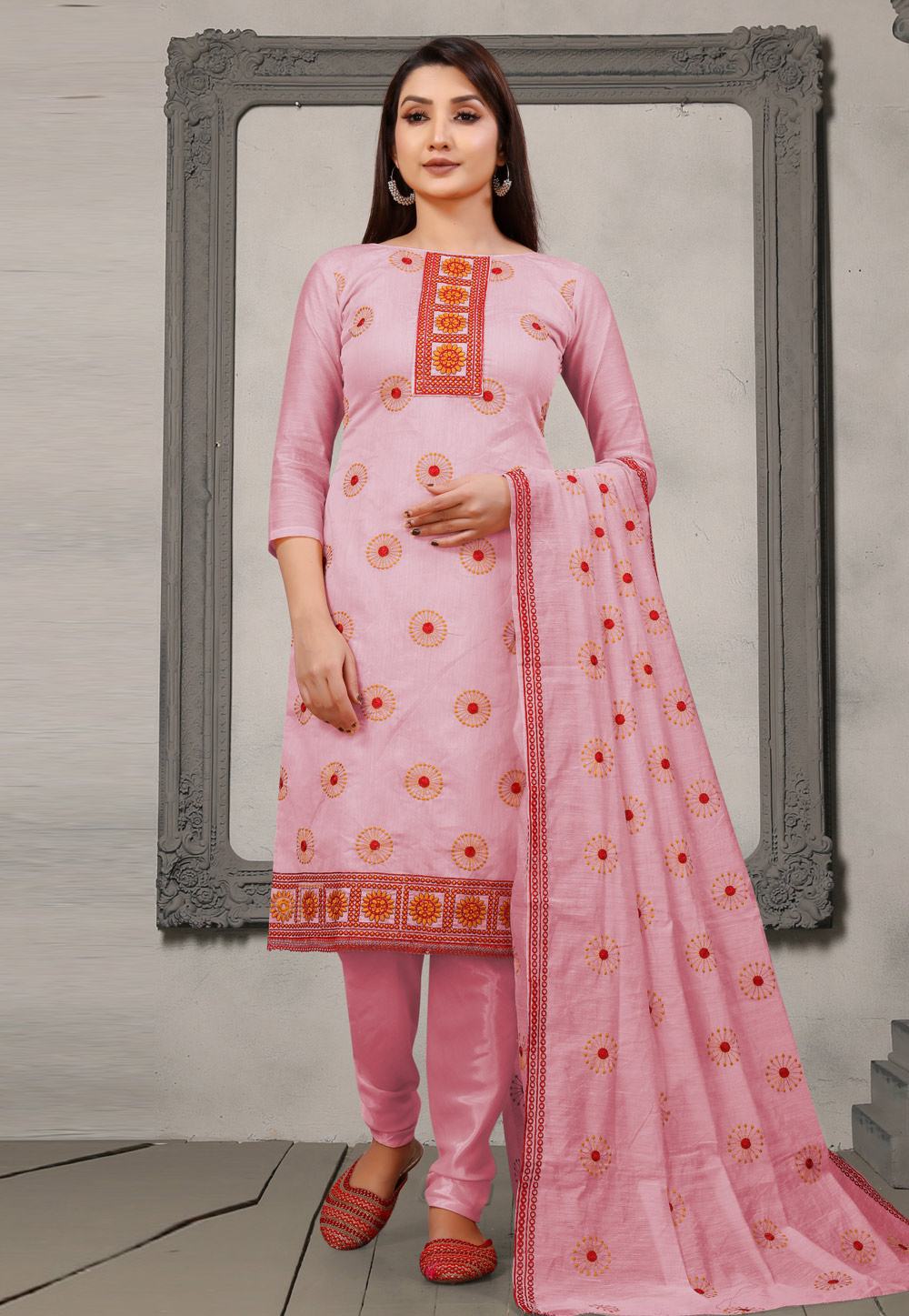 Pink Chanderi Cotton Churidar Suit 259089