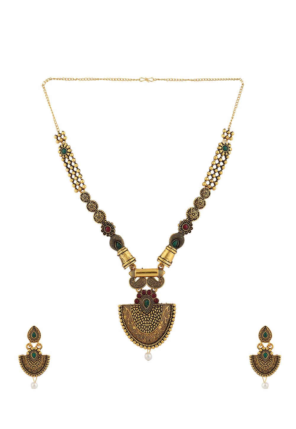 Golden Alloy Necklace Set With Earrings 224622