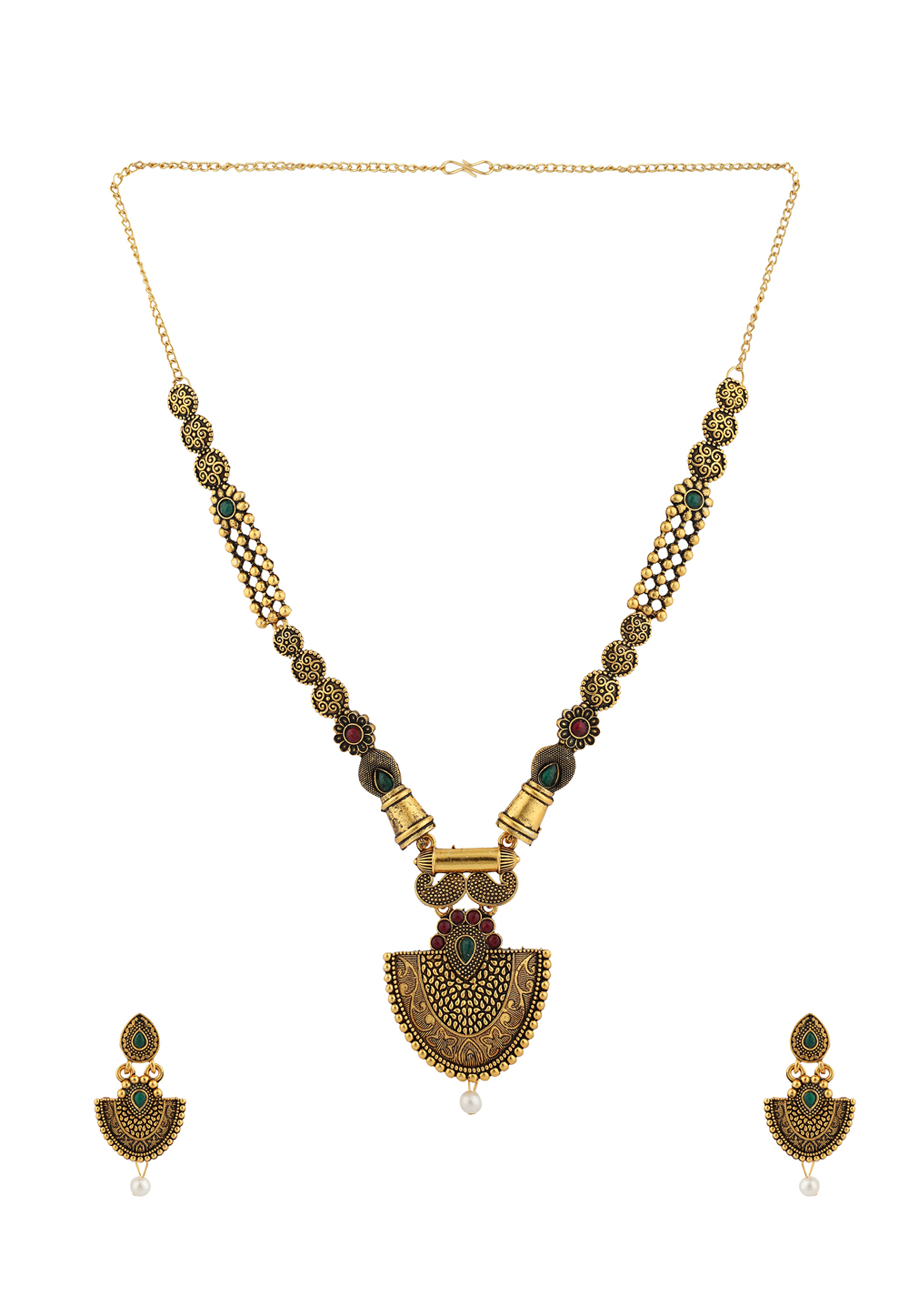 Golden Alloy Necklace Set With Earrings 224622