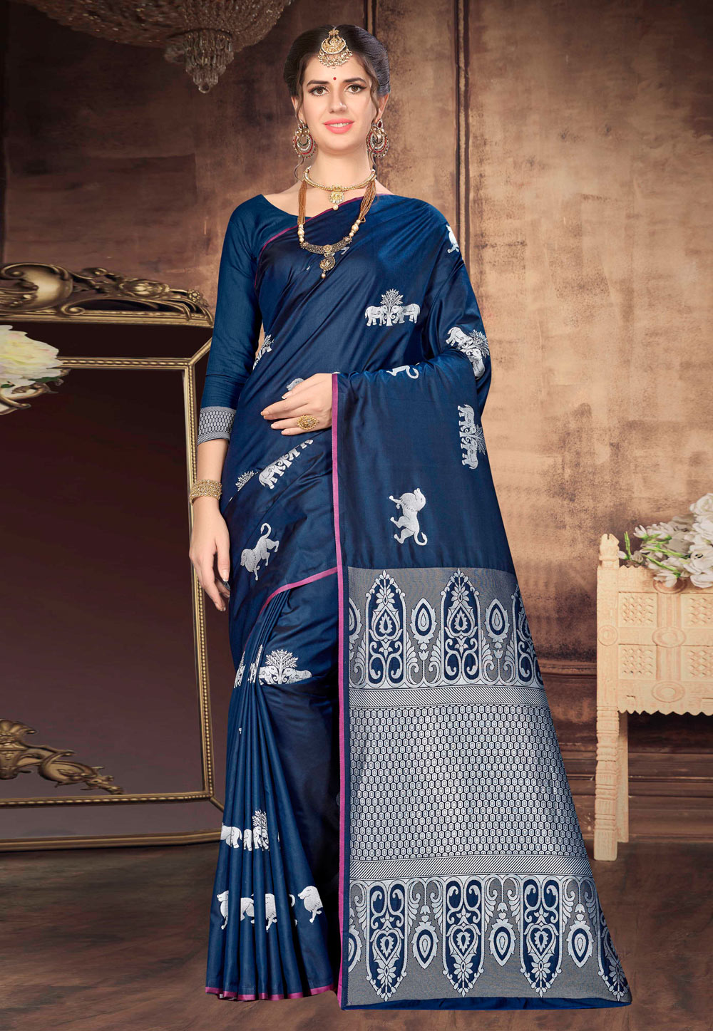 Blue Banarasi Silk Saree With Blouse 220598