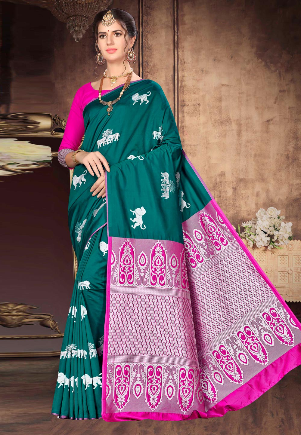 Teal Banarasi Silk Saree With Blouse 220600