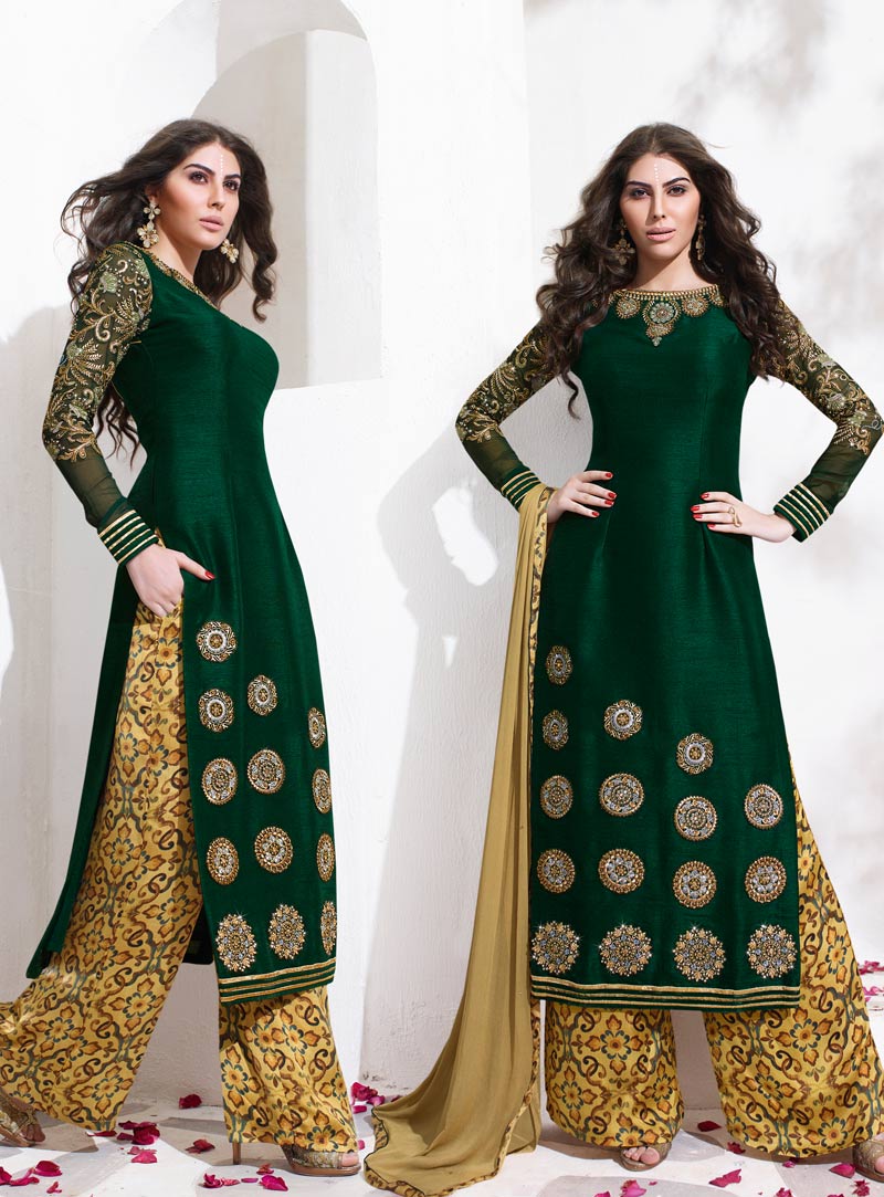 Green Raw Silk Palazzo Style Suit 78042