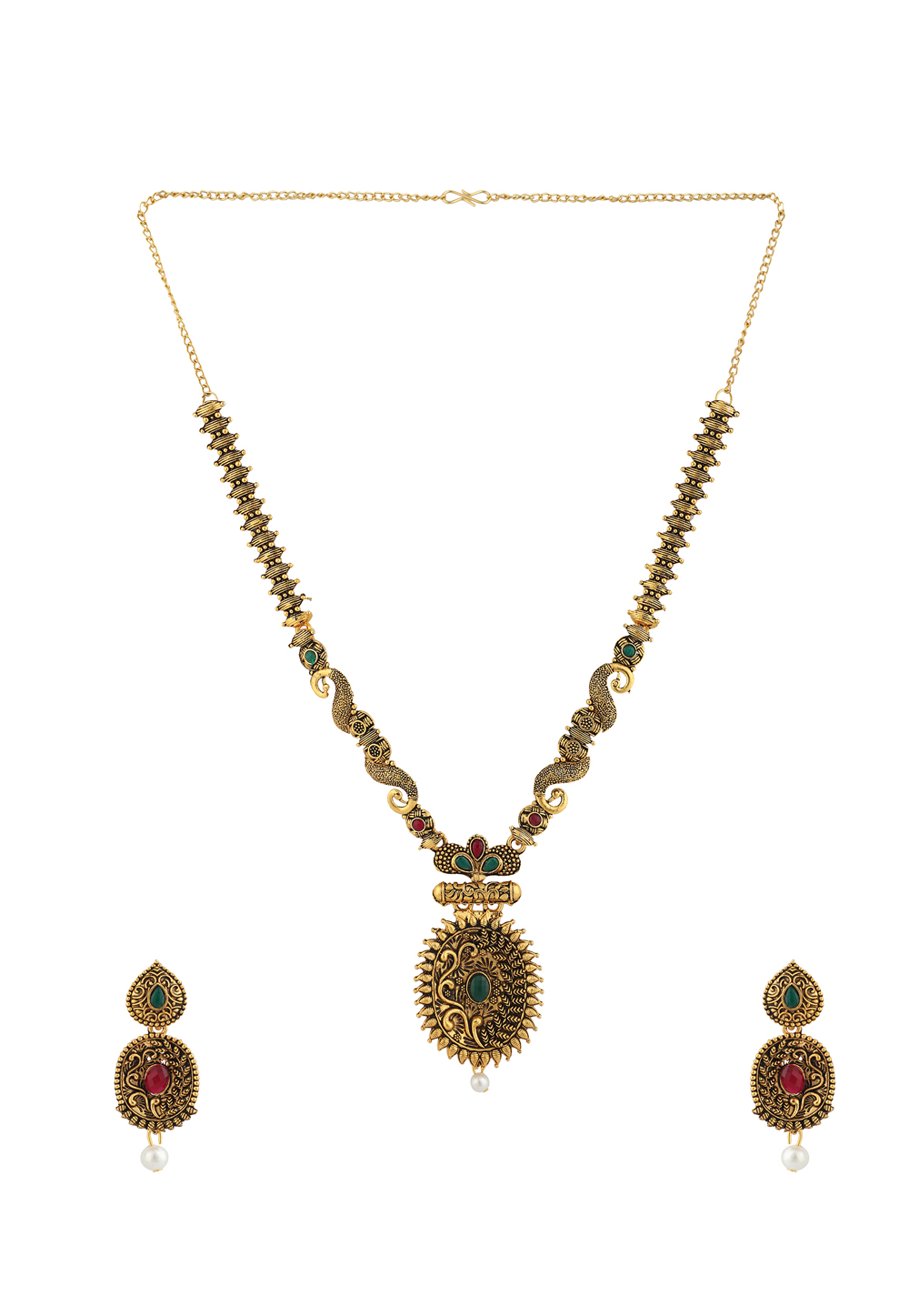 Green Alloy Necklace Set With Earrings 224623