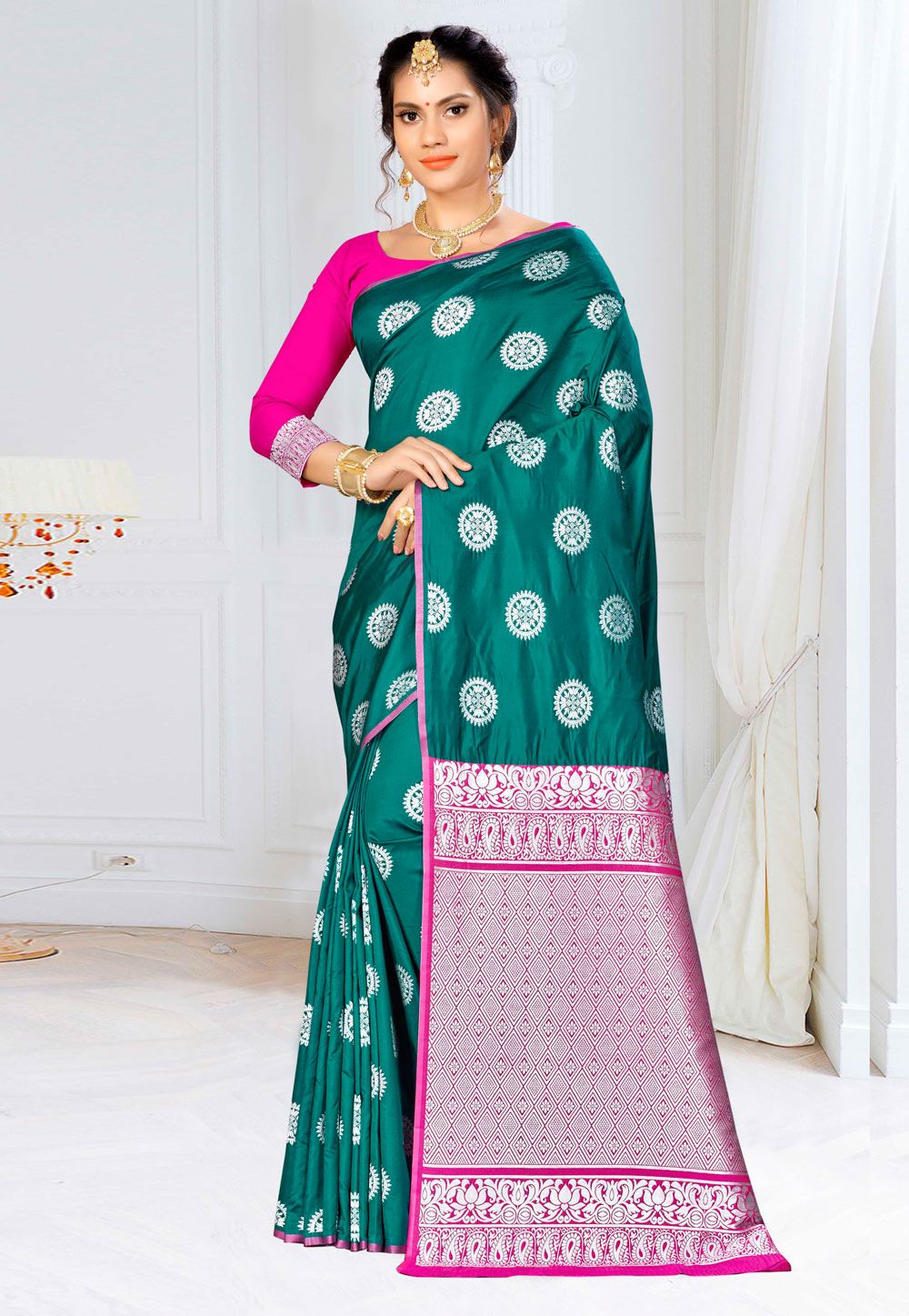 Teal Banarasi Silk Saree With Blouse 220604