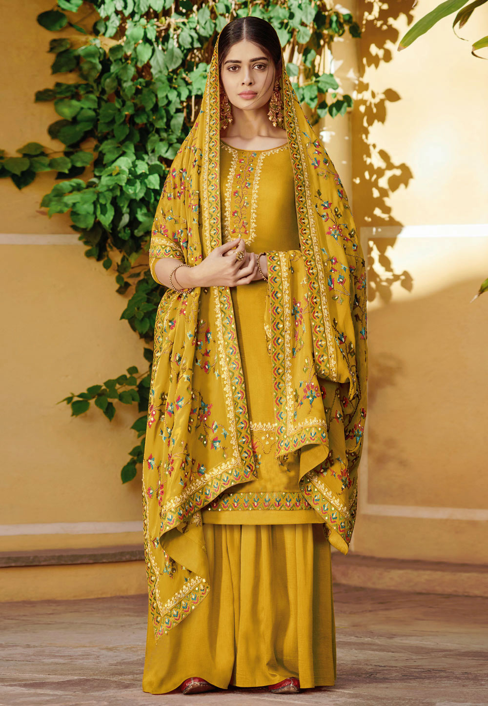 Mustard Silk Embroidered Palazzo Suit 170012