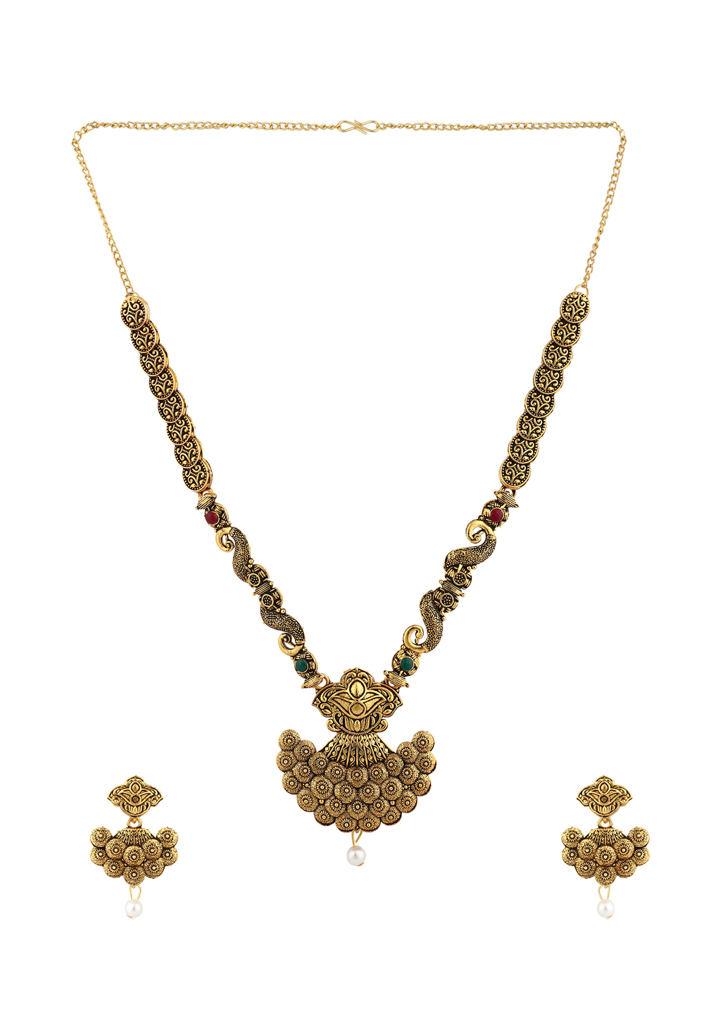 Golden Alloy Necklace Set With Earrings 224626
