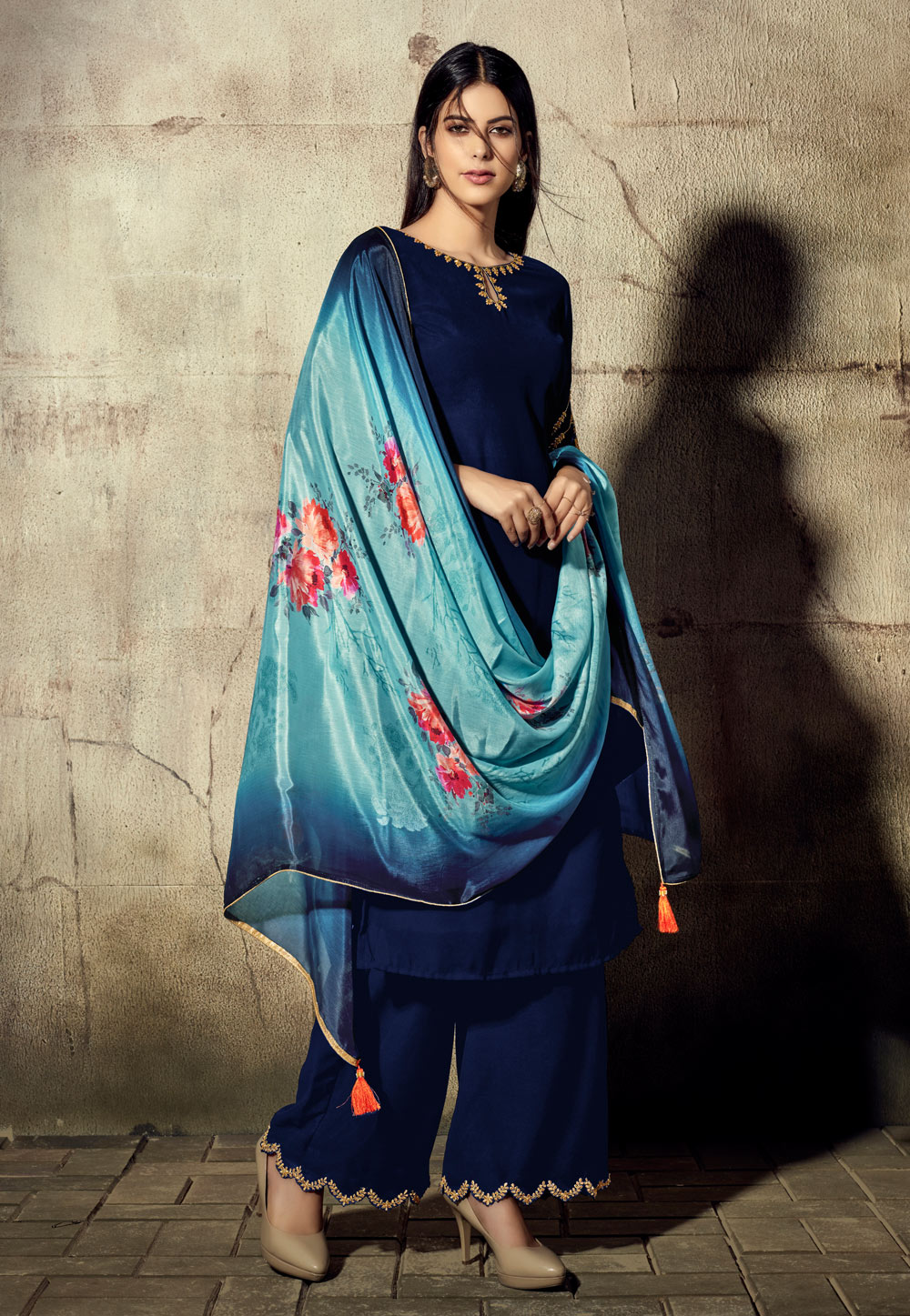 Navy Blue Georgette Readymade Kameez With Palazzo 190867