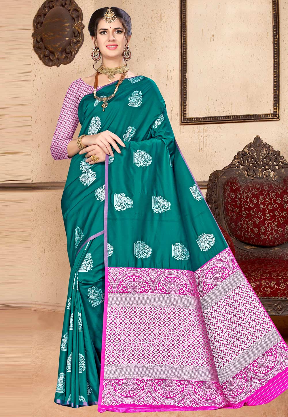 Teal Banarasi Silk Saree With Blouse 220596