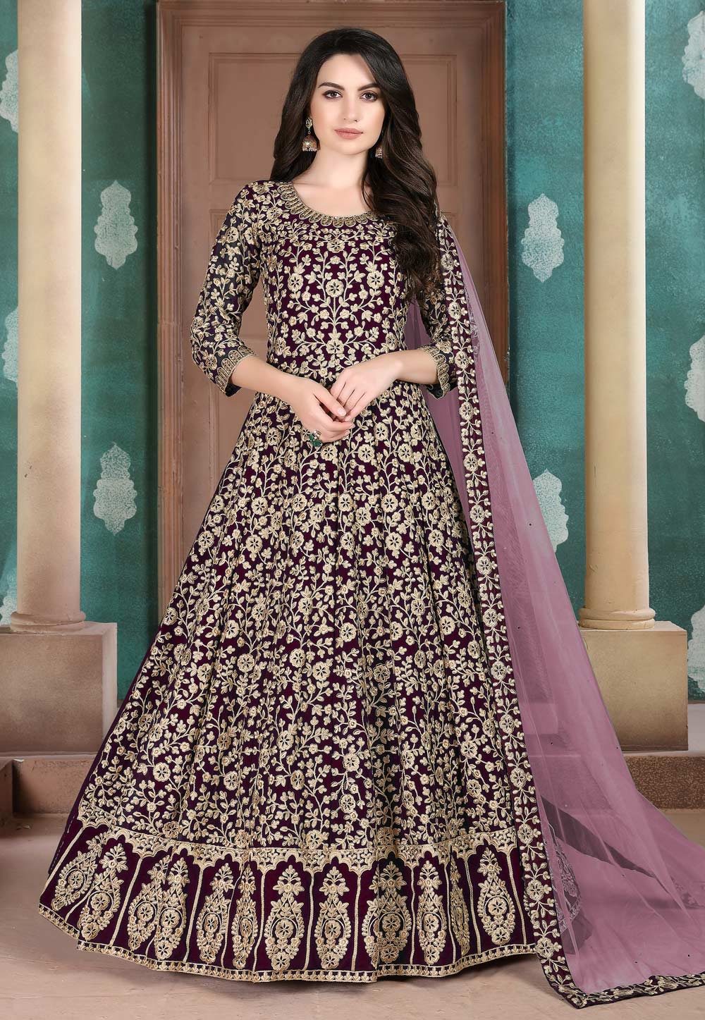 Purple Faux Georgette Abaya Style Anarkali Suit 205520