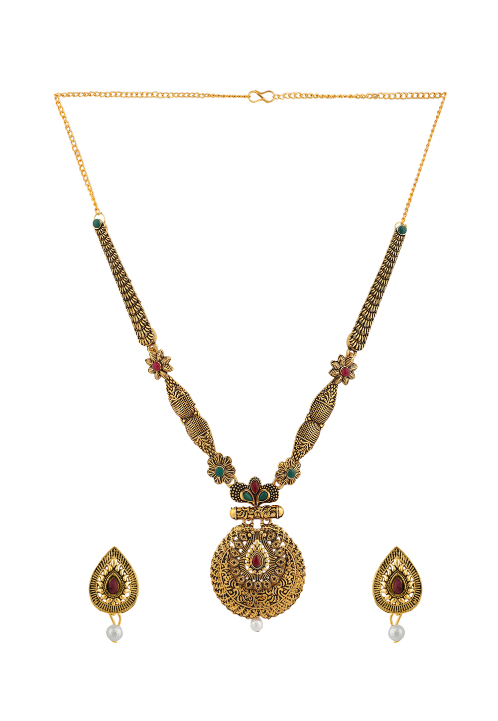 Golden Alloy Necklace Set With Earrings 224627