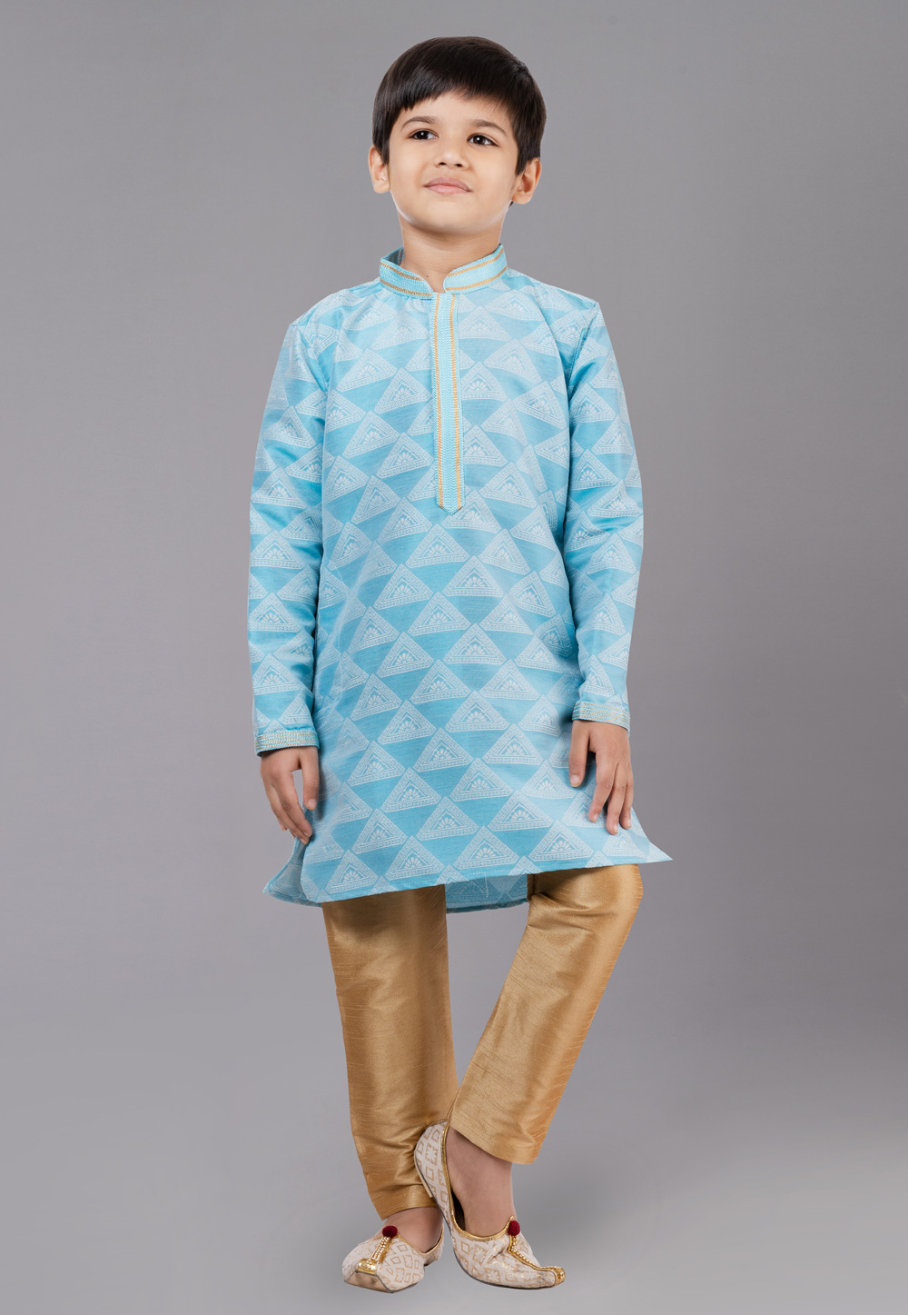 Sky Blue Jacquard Silk Readymade Kids Kurta Pajama 260646