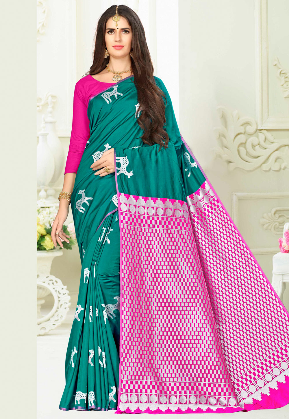 Teal Banarasi Silk Saree With Blouse 220587