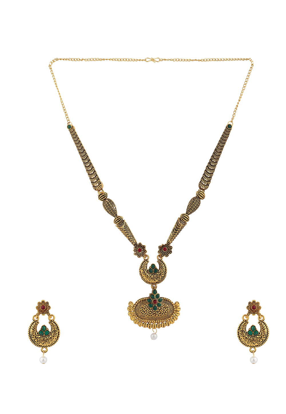 Green Alloy Necklace Set With Earrings 224628