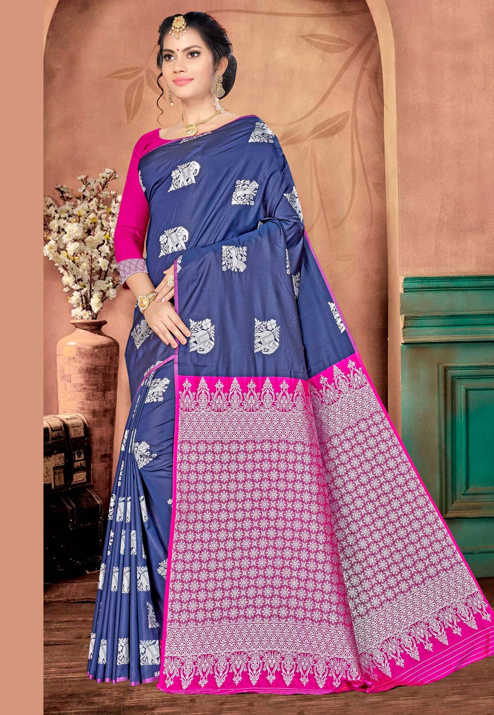 Navy Blue Banarasi Silk Festival Wear Saree 220589