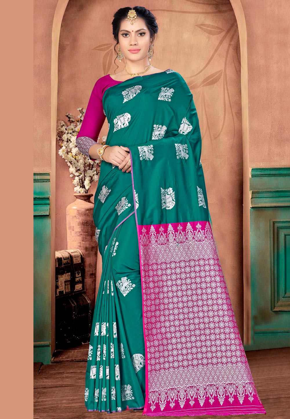 Teal Banarasi Silk Saree With Blouse 220592