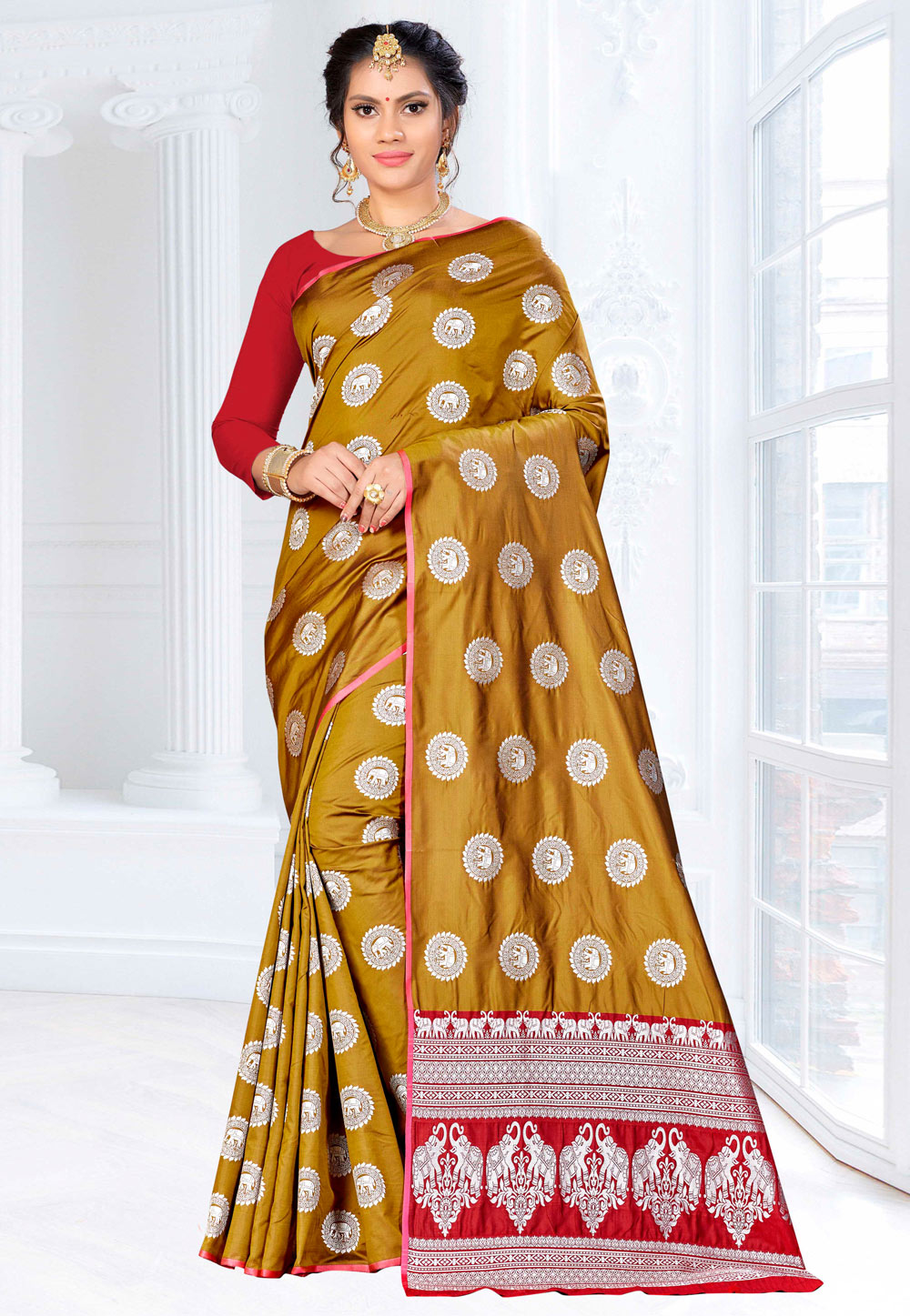 Mustard Banarasi Silk Saree With Blouse 220580