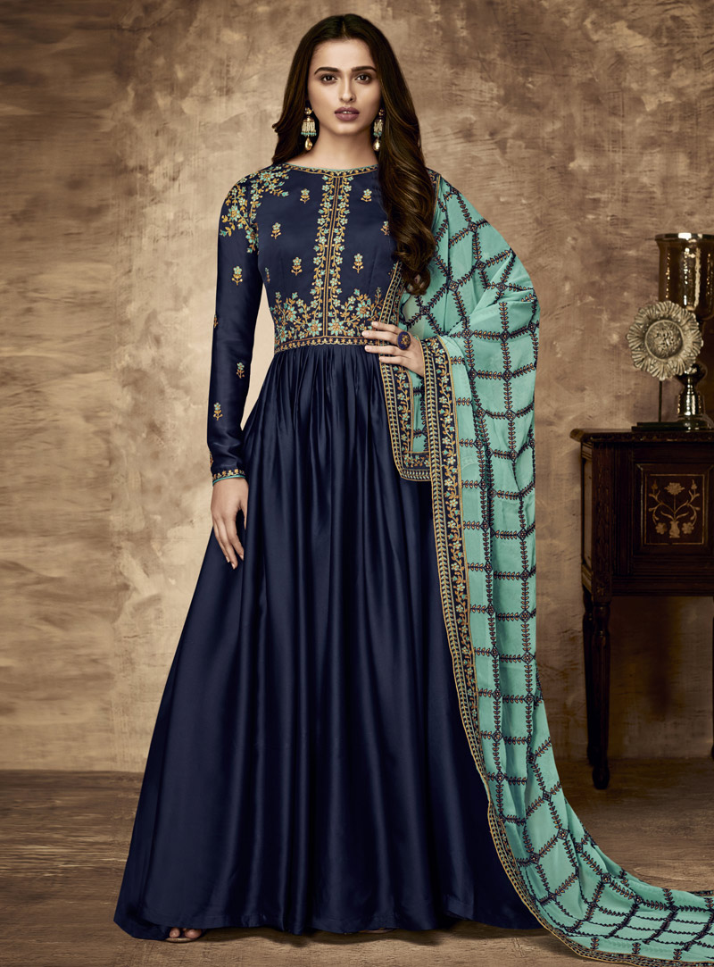 Navy Blue Georgette Abaya Style Anarkali Suit 140579