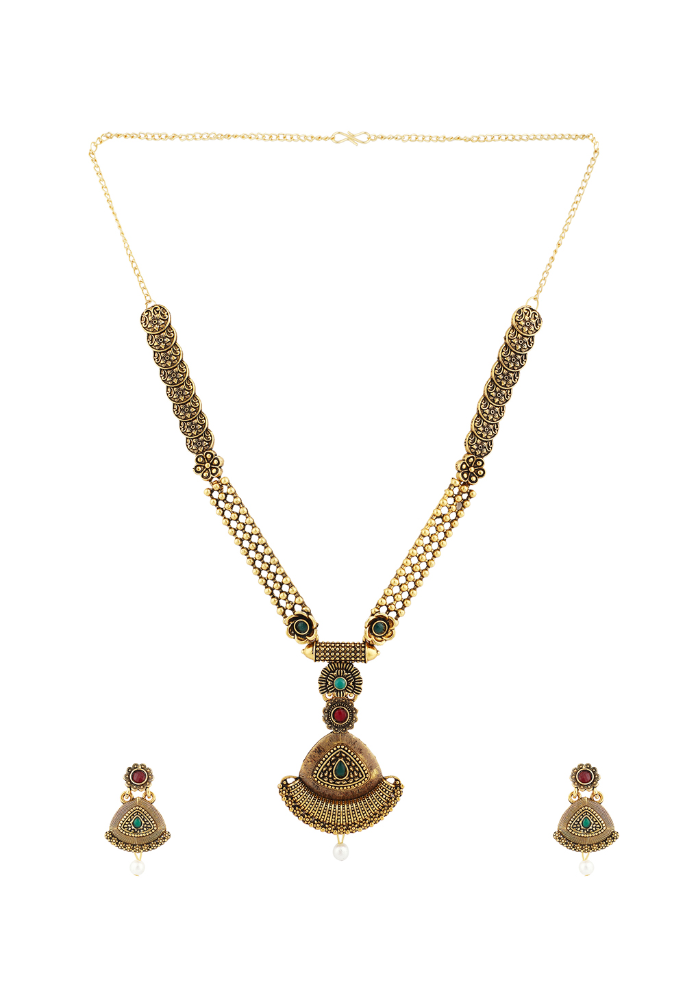 Green Alloy Necklace Set With Earrings 224631