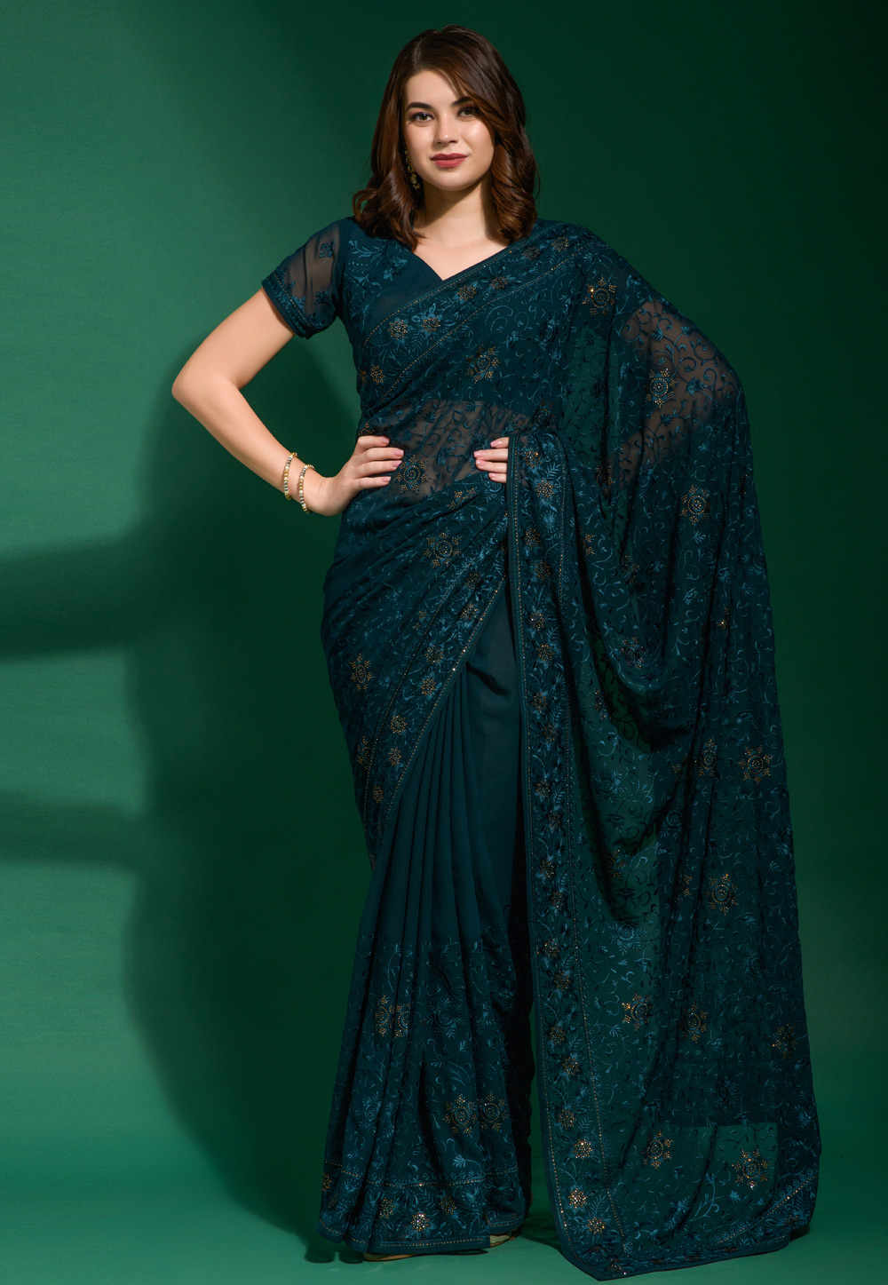 Teal Georgette Saree With Blouse 263687
