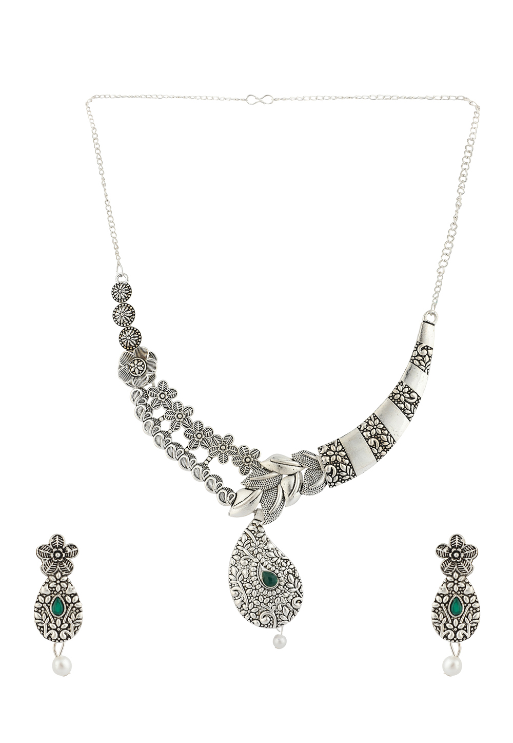 Green Alloy Necklace Set With Earrings 224632