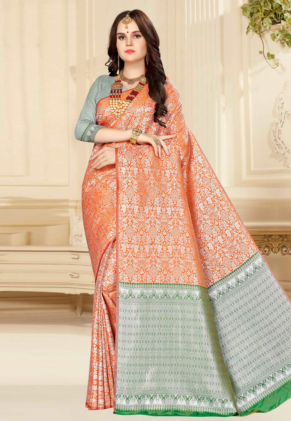 Orange Banarasi Silk Festival Wear Saree 220440