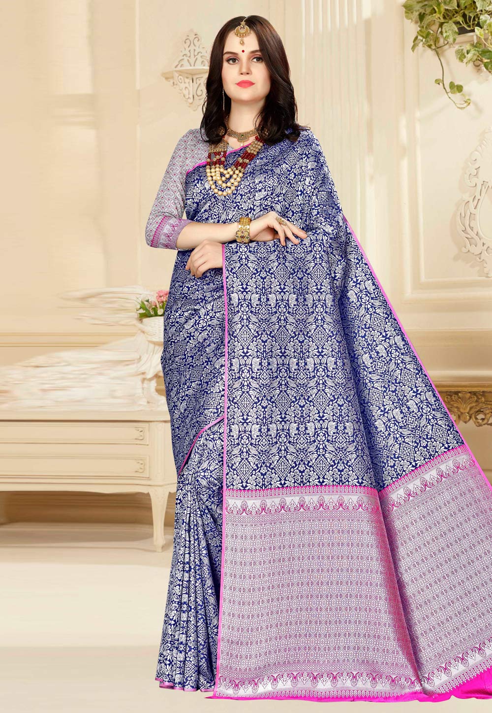 Blue Banarasi Silk Saree With Blouse 220443