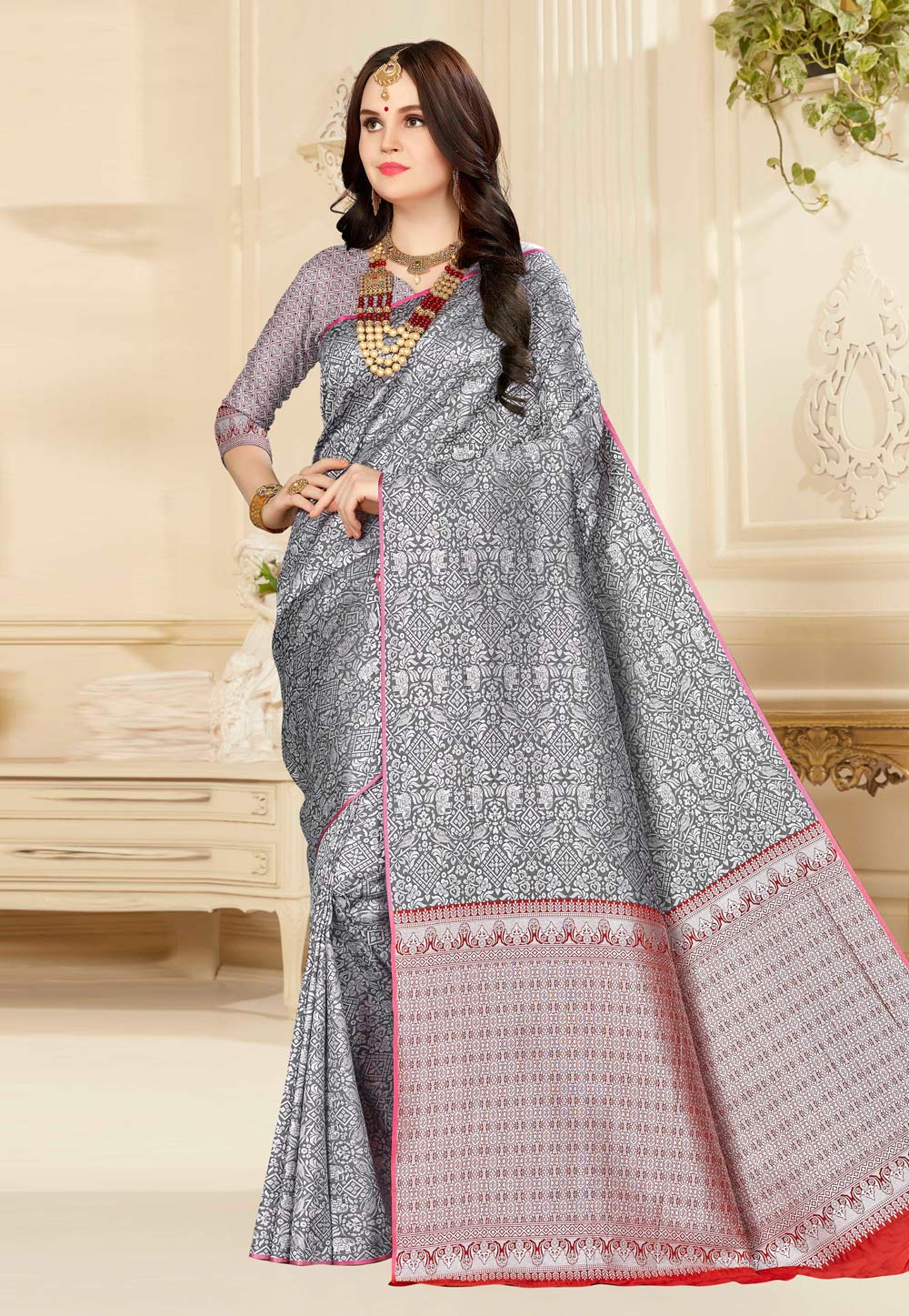 Grey Banarasi Silk Festival Wear Saree 220444