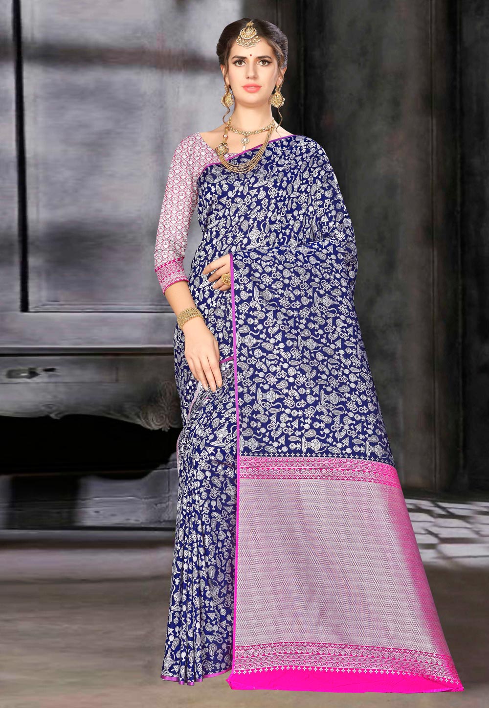 Blue Banarasi Silk Saree With Blouse 220445
