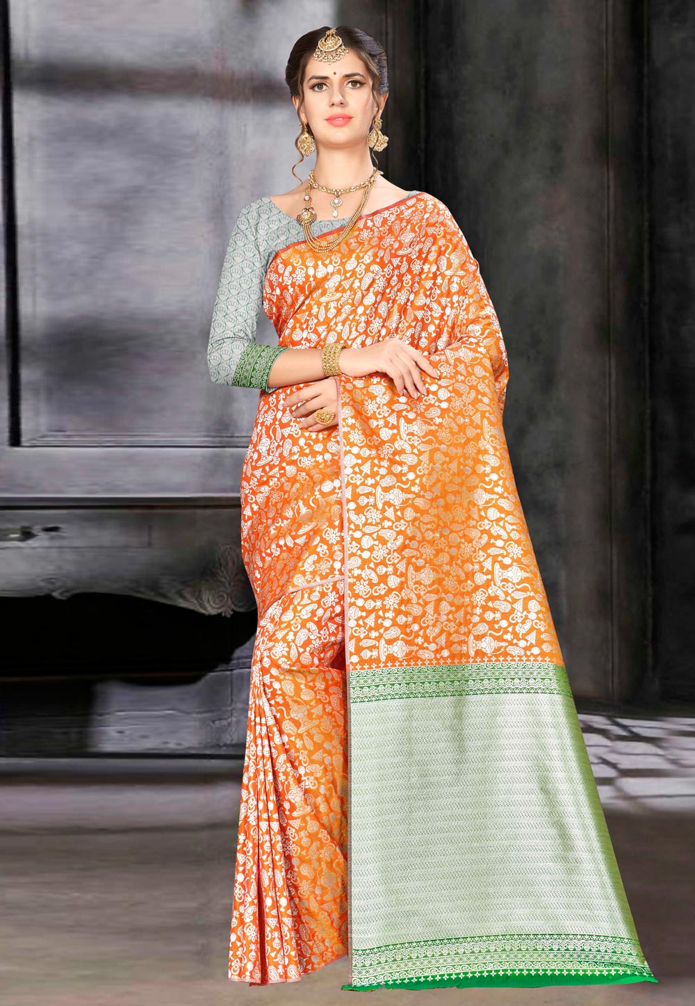 Orange Banarasi Silk Saree With Blouse 220447