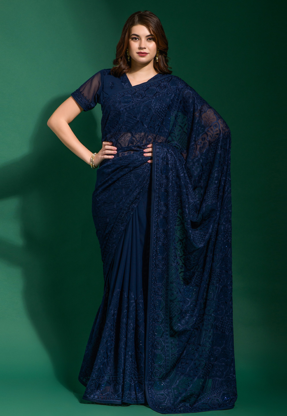 Navy Blue Georgette Saree With Blouse 263689