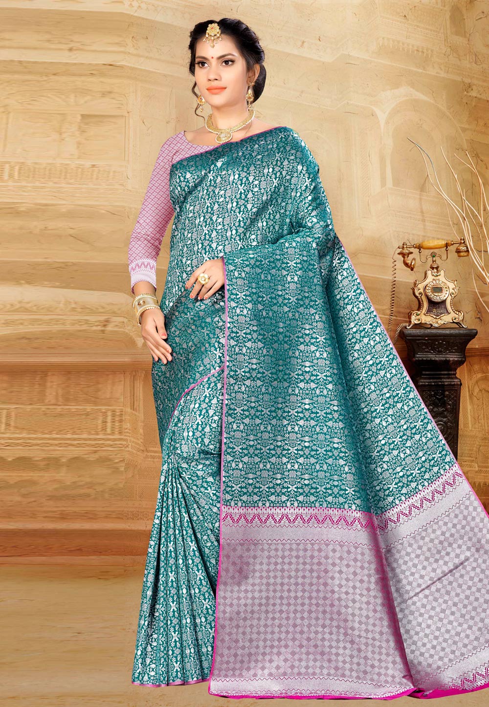 Teal Banarasi Silk Saree With Blouse 220450