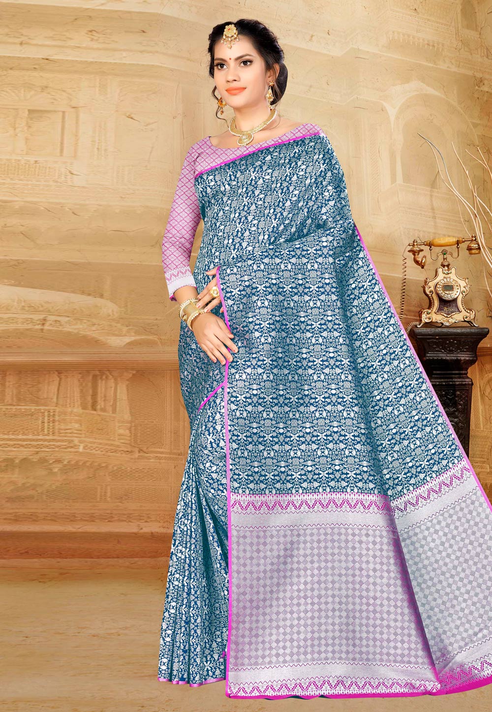 Blue Banarasi Silk Saree With Blouse 220452
