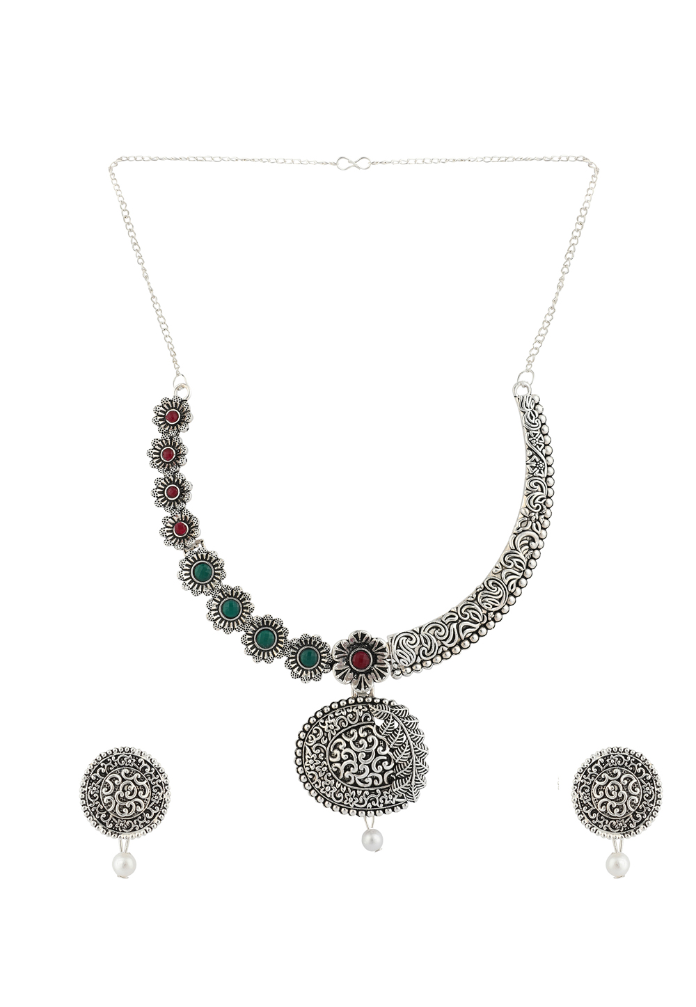Green Alloy Necklace Set With Earrings 224635