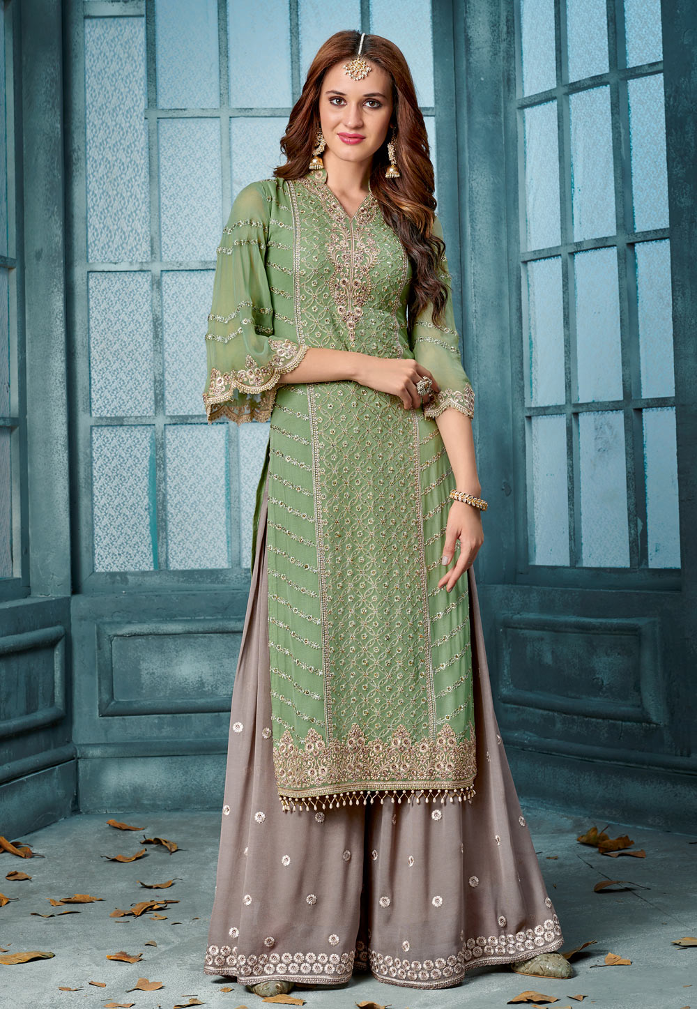 Green Georgette Palazzo Style Suit 163758