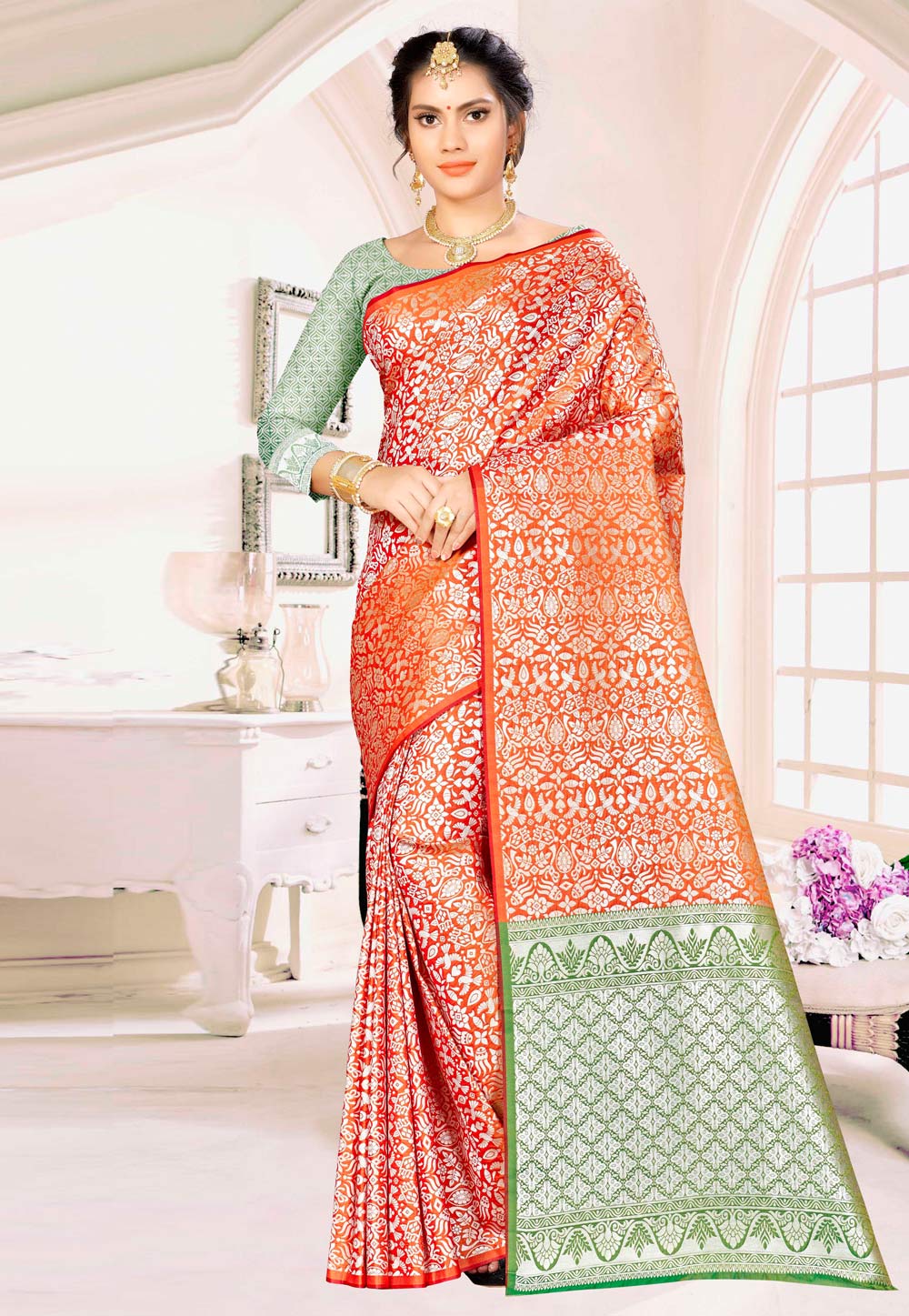 Orange Banarasi Silk Saree With Blouse 220459