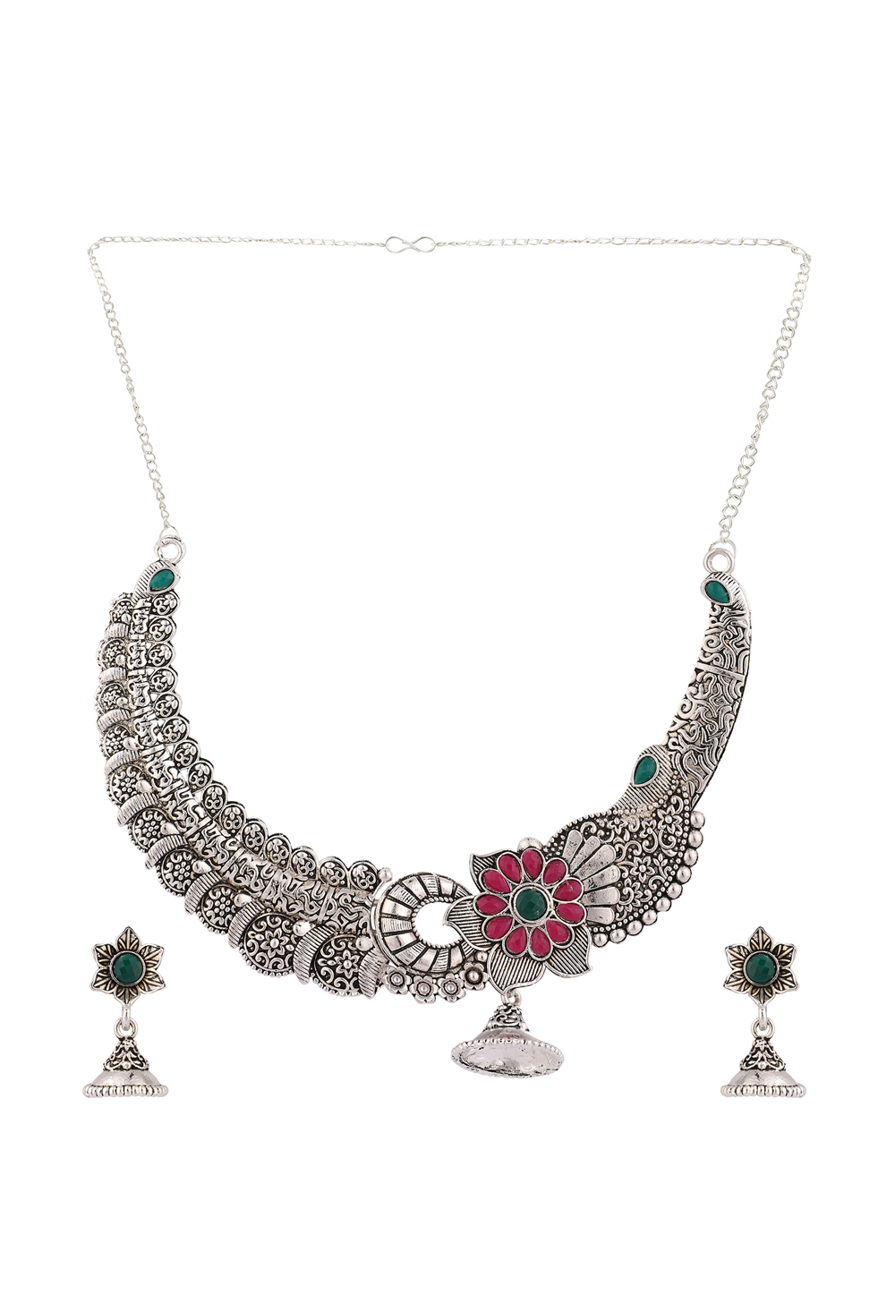 Pink Alloy Necklace Set With Earrings 224636