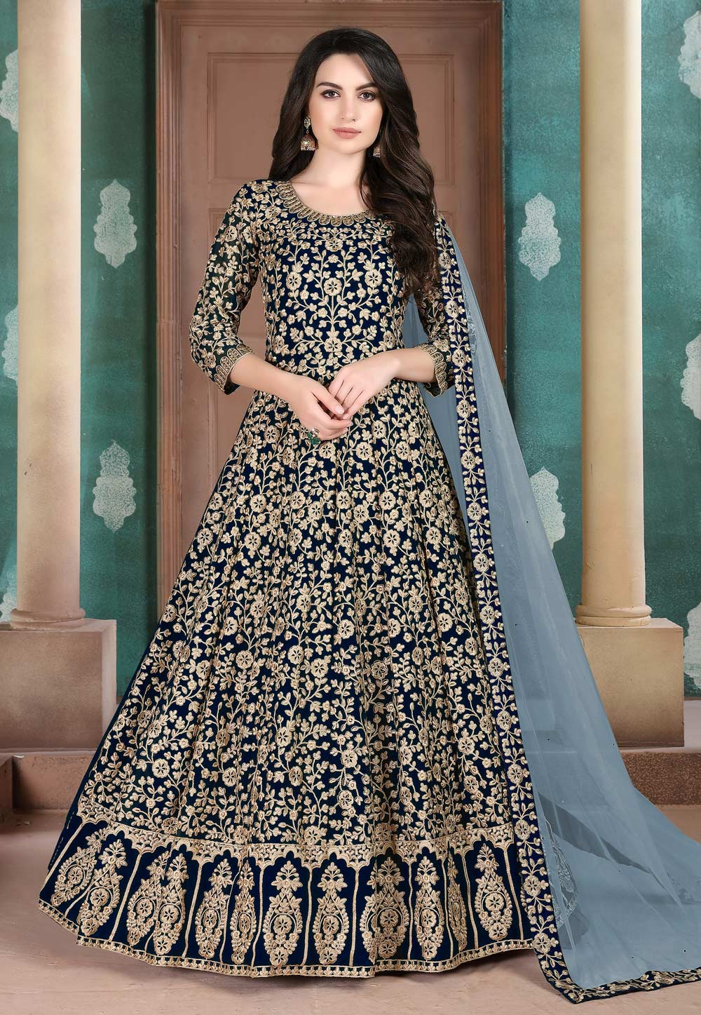 Buy Navy Blue Faux Georgette Embroidered Anarkali Suit Party Wear