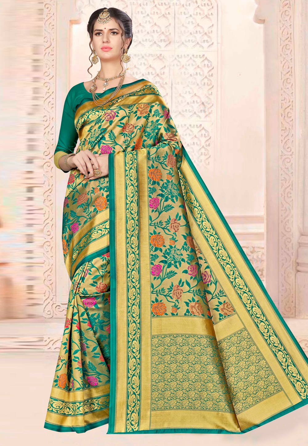Green Banarasi Silk Saree With Blouse 220622